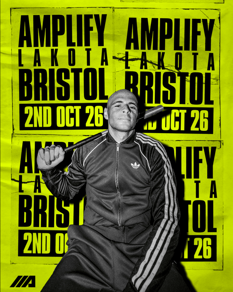 Amplify at Lakota, Bristol. 2nd October 26. Flyposted acid-yellow posters.